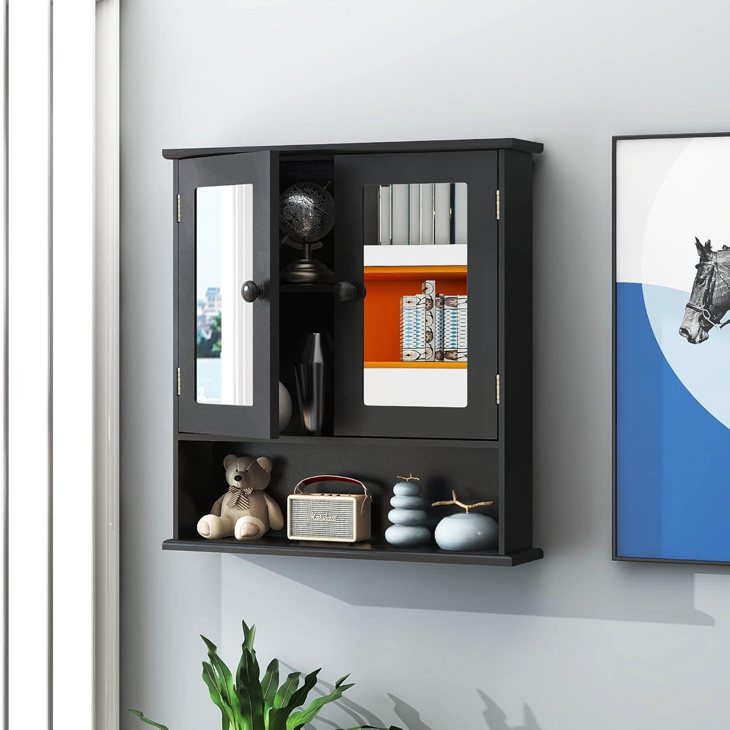 Medicine Cabinet, Medicine Cabinets For Bathroom With Mirror 2 Doors 3 Open Shelf, Bathroom Cabinet Wall Mounted Wooden Storage Over Toilet Laundry Room Kitchen