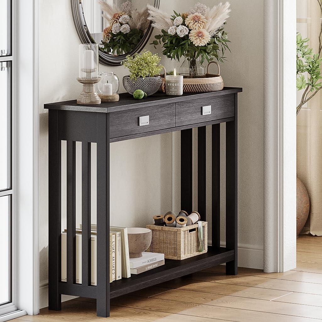 Black Entryway Table With Drawer, Narrow Console Table, Sofa Table With Storage Shelf For Entryway, Living Room And Hallway