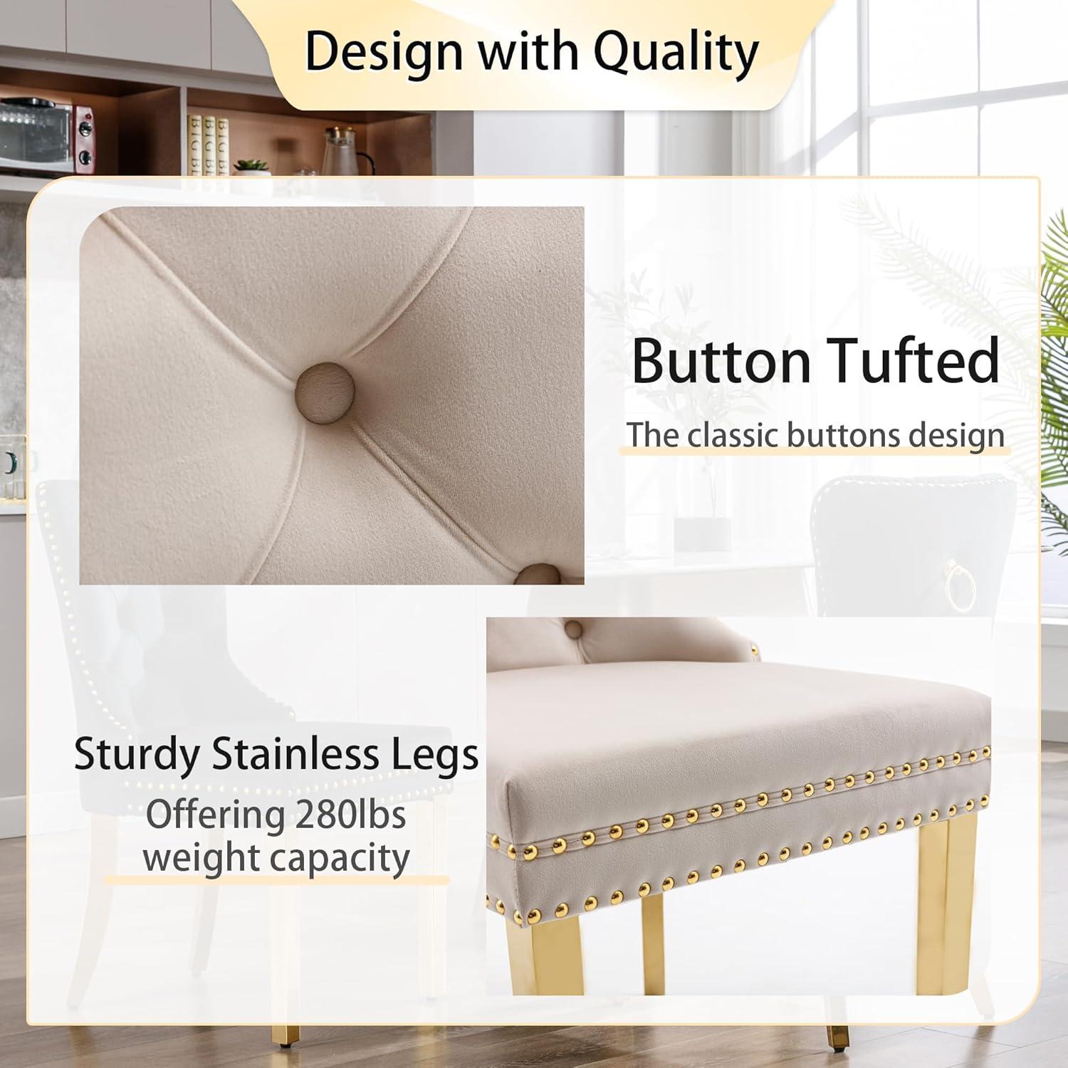 BELLEZE Upholstered Dining Chairs Set of 2, Velvet Luxury Dining Room Chairs with Button Back, Nailhead Trim, Pull-ring, Solid Wood Legs for Kitchen, Living Room, Restaurant - Chandler (Beige)