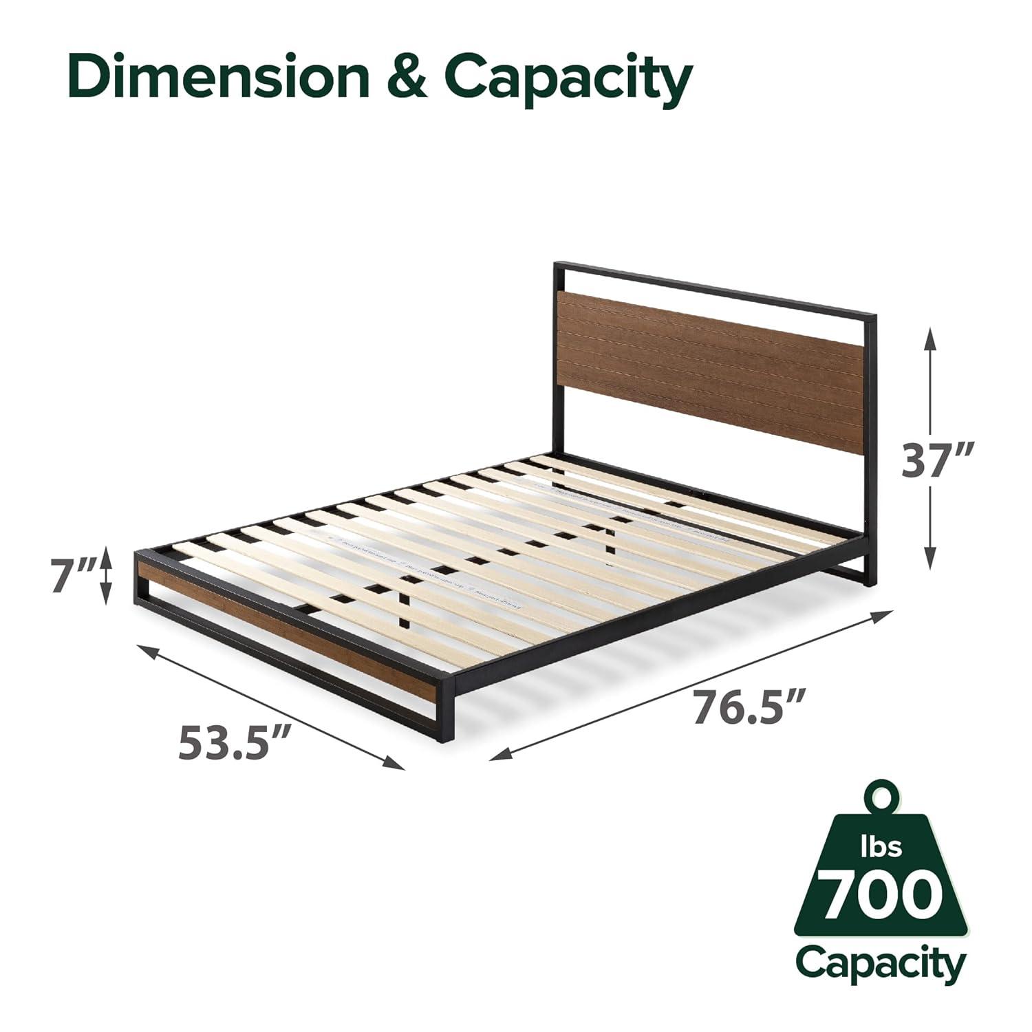Zinus Suzanne Metal and Wood Platform Bed with Headboard / Box Spring Optional / Wood Slat Support, Full