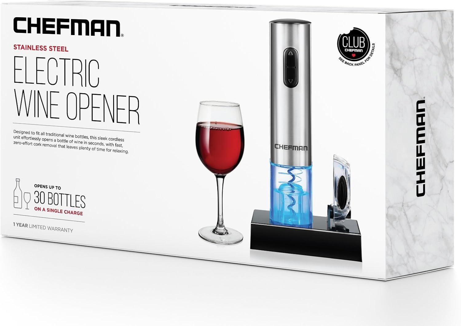 Chefman Electric Wine Opener w/ Foil Cutter, Rechargeable Battery - Stainless Steel, New