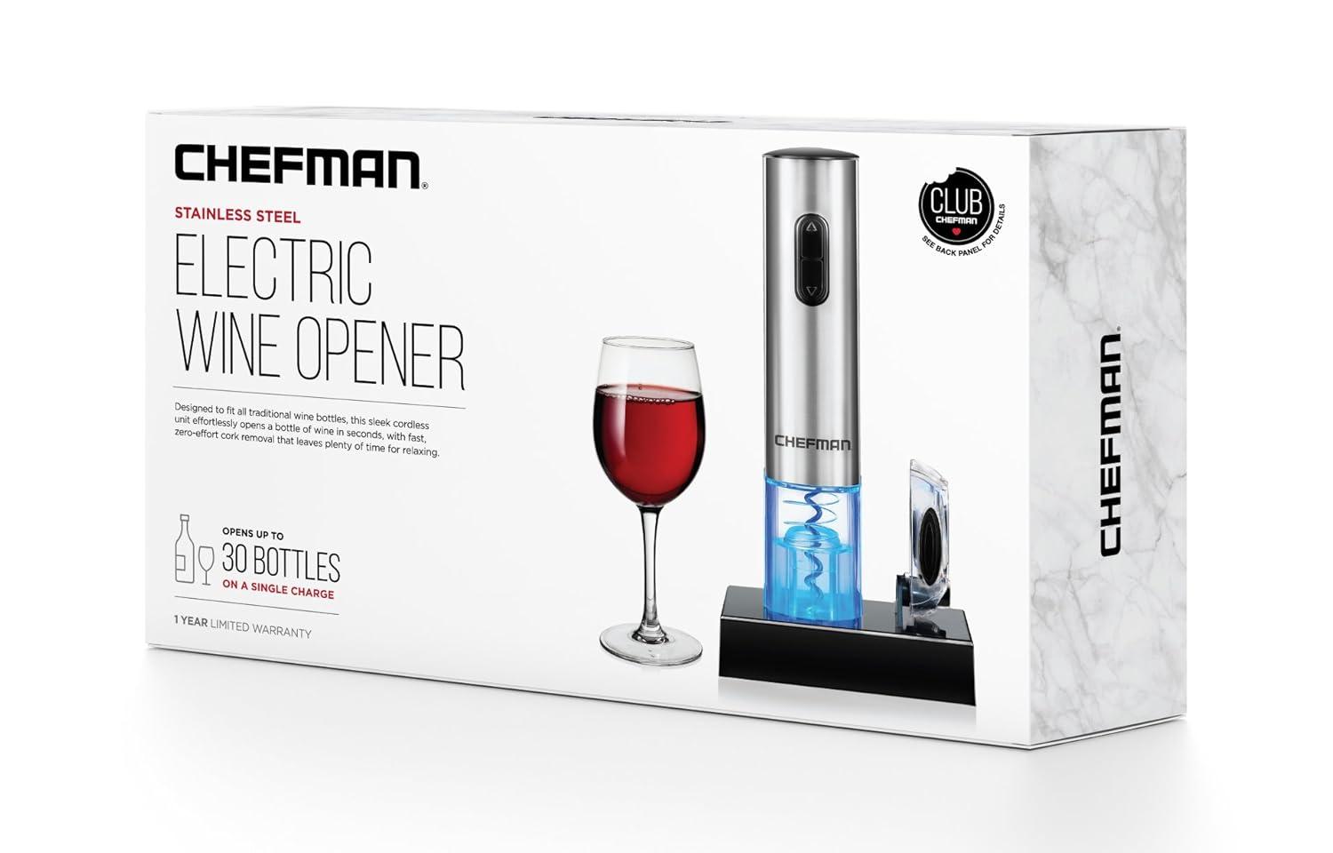 Chefman Electric Wine Opener w/ Foil Cutter, Rechargeable Battery - Stainless Steel, New