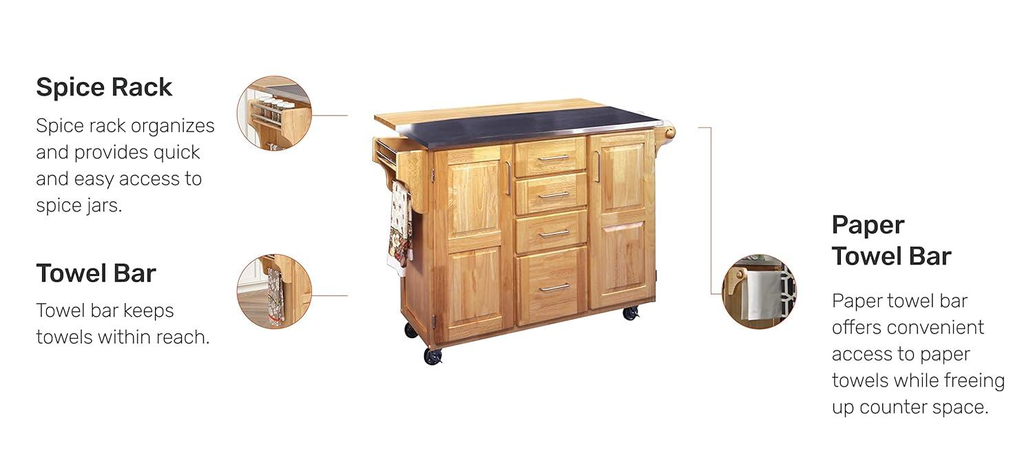 Breakfast Bar Kitchen Cart Natural with Stainless Steel Top - Home Styles: Rolling Island, Storage, Modern Design