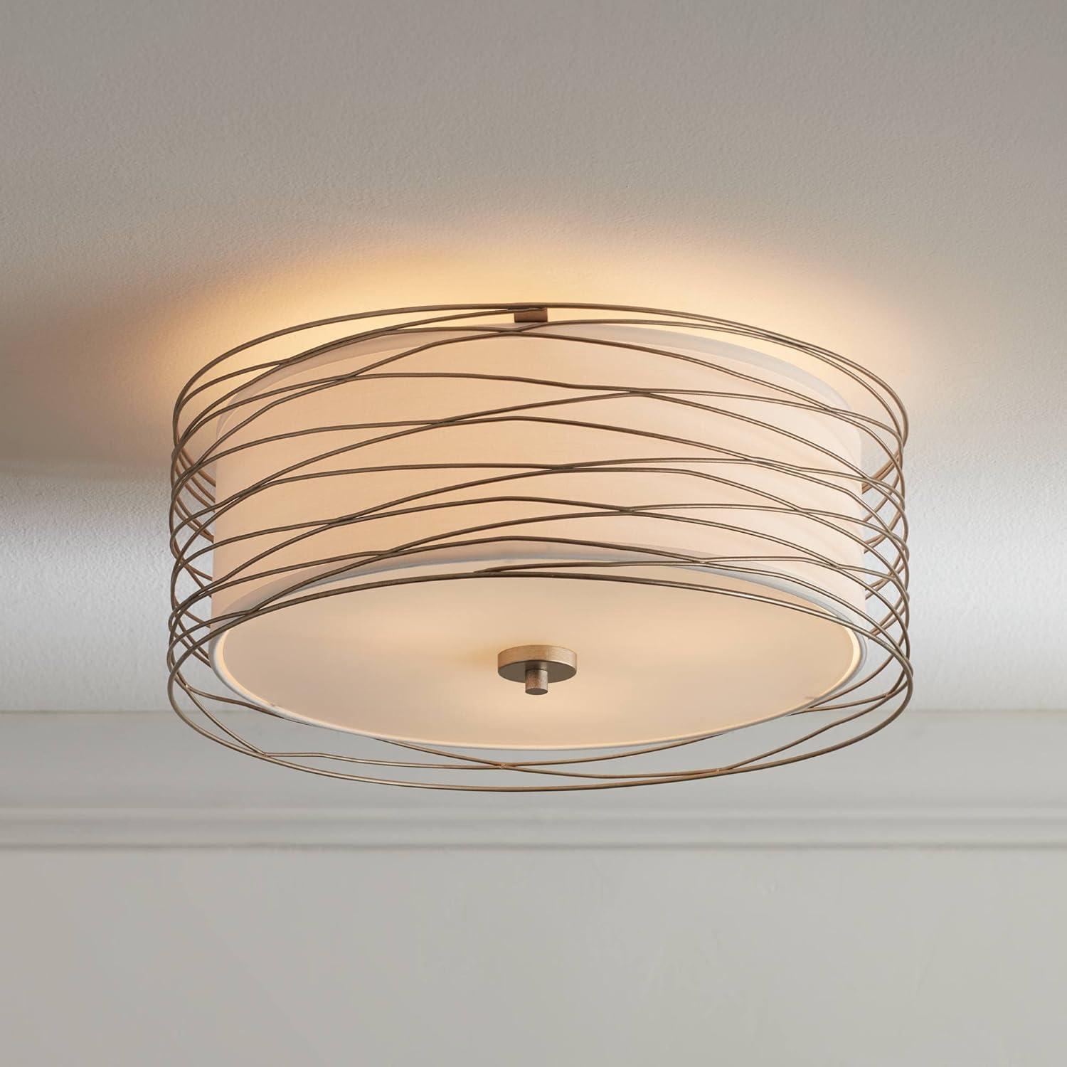 Possini Euro Design Modern Ceiling Light Flush Mount Fixture Antique Silver Leaf 18" Wide Wavy Spun White Drum for Bedroom Kitchen