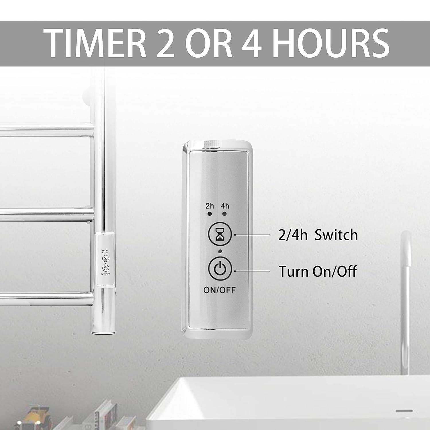 KEG Towel Warmer Wall Mounted with Built-in Timer 4 Bars Electric Stainless Steel Heated Towel Racks for Bathroom, Hot Plug-in Bath Towel Heater Polish Chrome