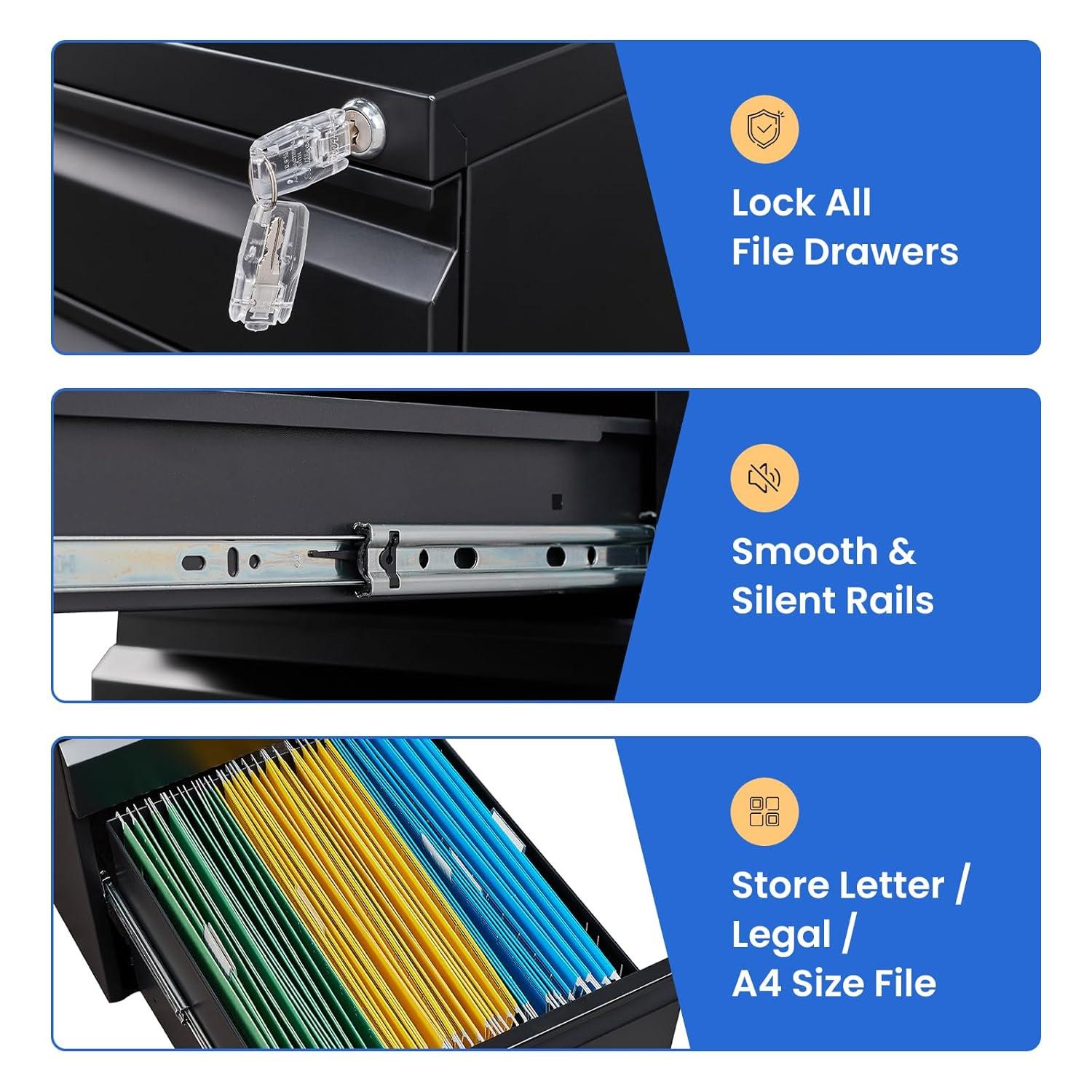 MIIIKO File Cabinet 3 Drawers on Wheels Under Desk, Black Metal Rolling File Cabinets with Lock for Home Office, Un-Assembled Filing Cabinet with Lock