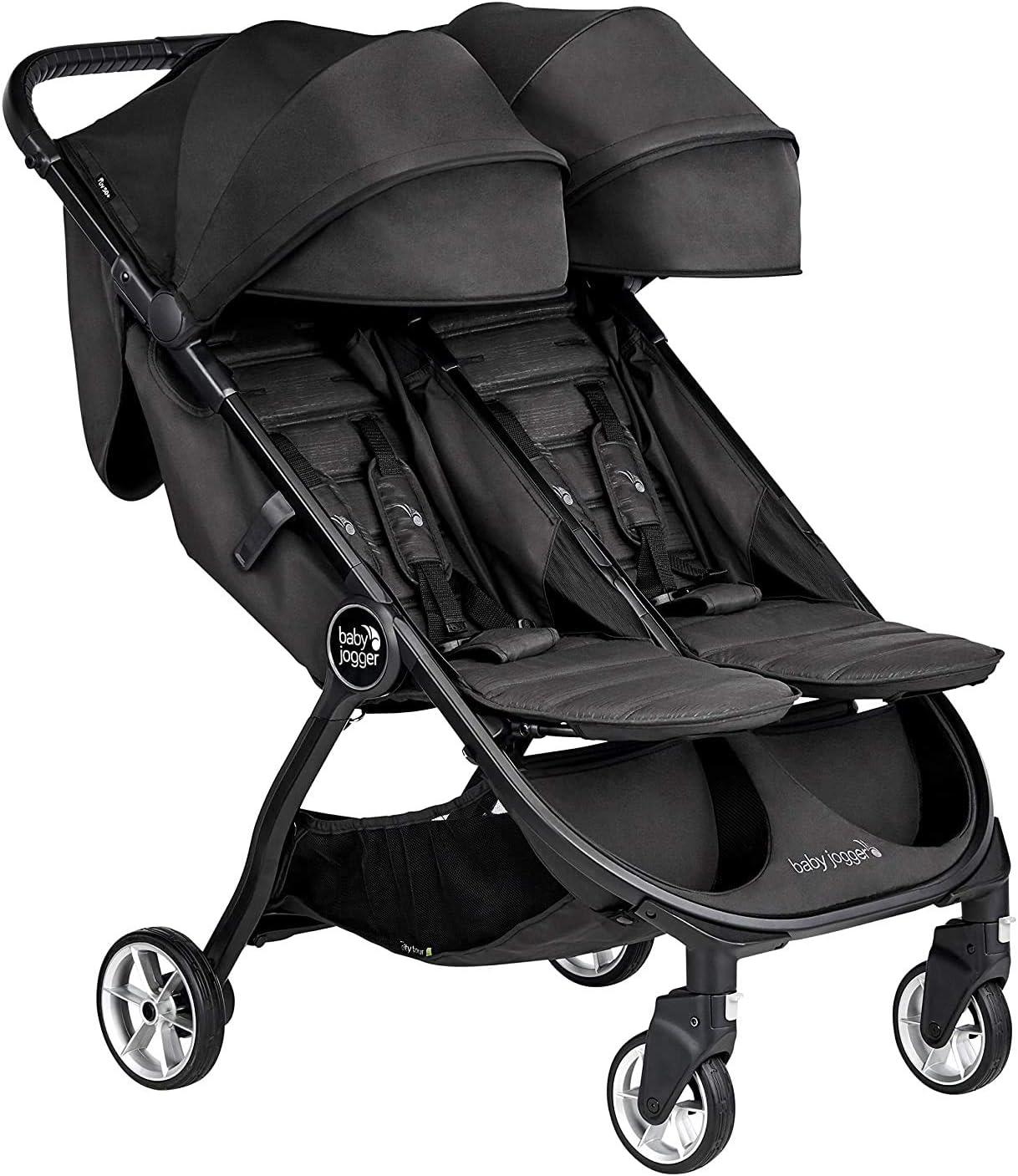Jet Black Double Stroller with UV Protection Canopies