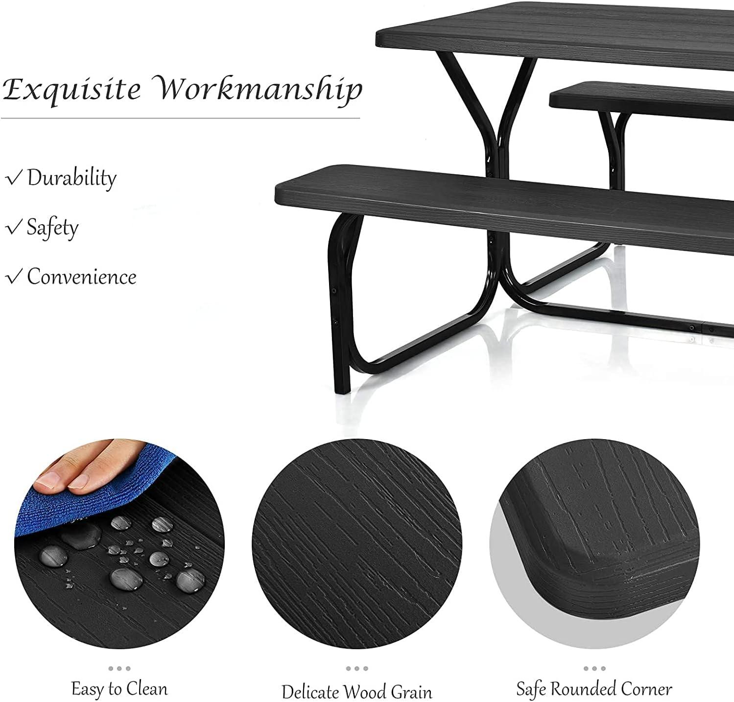 Costway Picnic Table Bench Set Outdoor Backyard Iron Patio Garden Party Dining All Weather Black