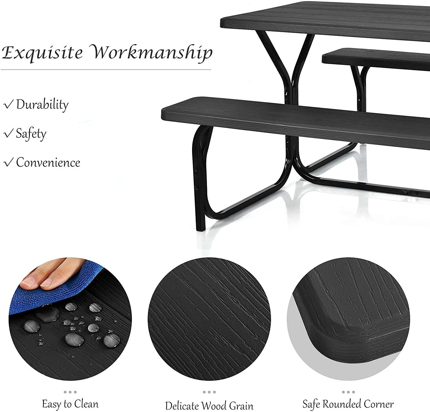 Costway Picnic Table Bench Set Outdoor Backyard Iron Patio Garden Party Dining All Weather Black
