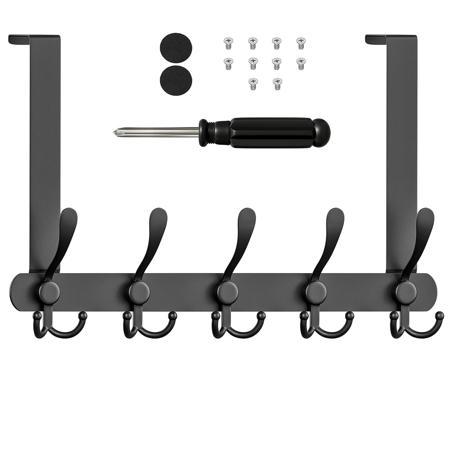 Matte Black Over The Door Hooks - Heavy Duty Stainless Steel Door Hanger Holder with 5 Tri Hooks for Hanging Coat Robe Hat Bag Towel Rack Bathroom, Bedroom, Closet – 1 Pack