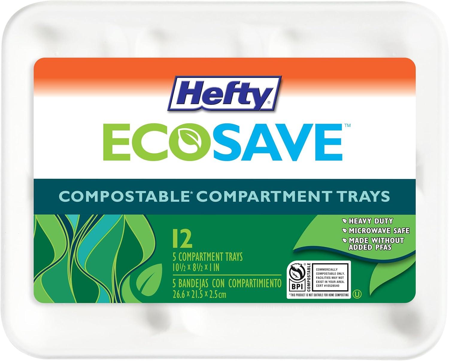 Hefty ECOSAVE Compostable 5-Compartment White Paper Trays, 12 Count