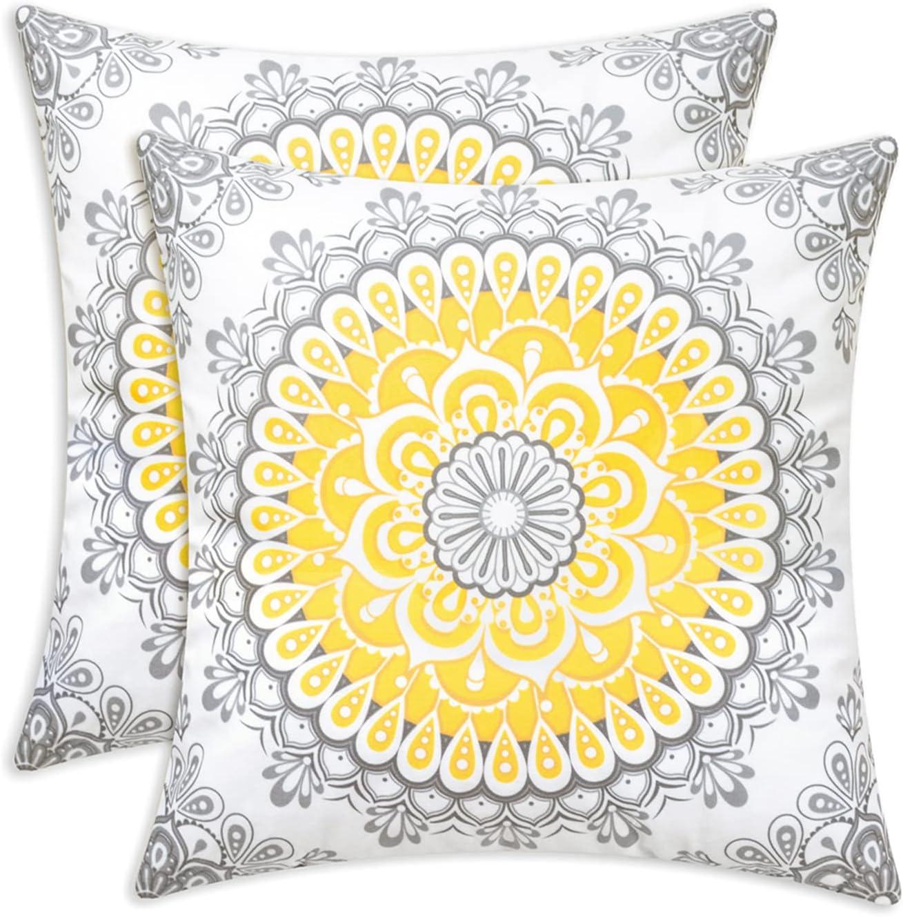 CaliTime Throw Pillow Covers Pack of 2 Cozy Fleece Mandala Dahlia Floral Medallion Compass Style Cushion Cases for Couch Bed Sofa Farmhouse Decoration 18 X 18 Inches Yellow Grey