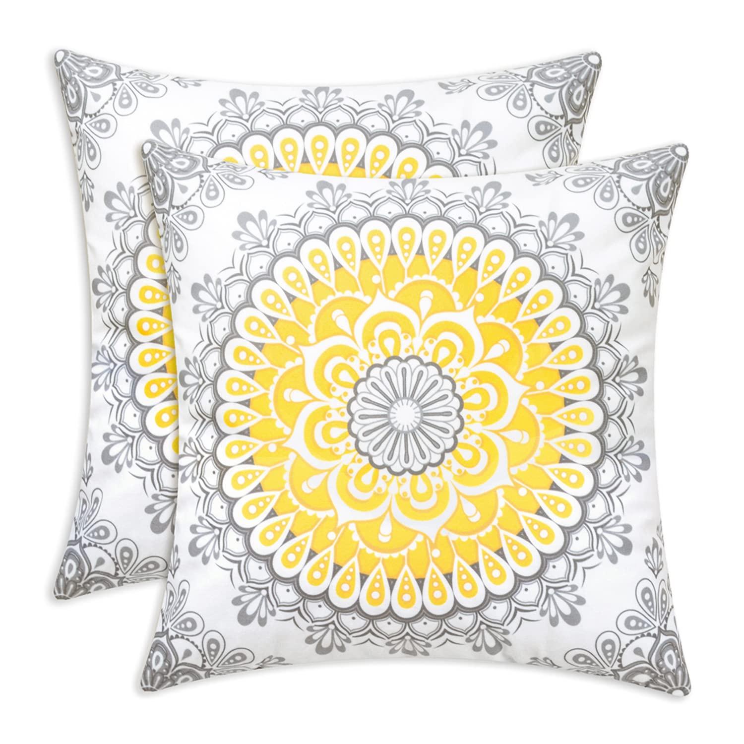 CaliTime Throw Pillow Covers Pack of 2 Cozy Fleece Mandala Dahlia Floral Medallion Compass Style Cushion Cases for Couch Bed Sofa Farmhouse Decoration 18 X 18 Inches Yellow Grey