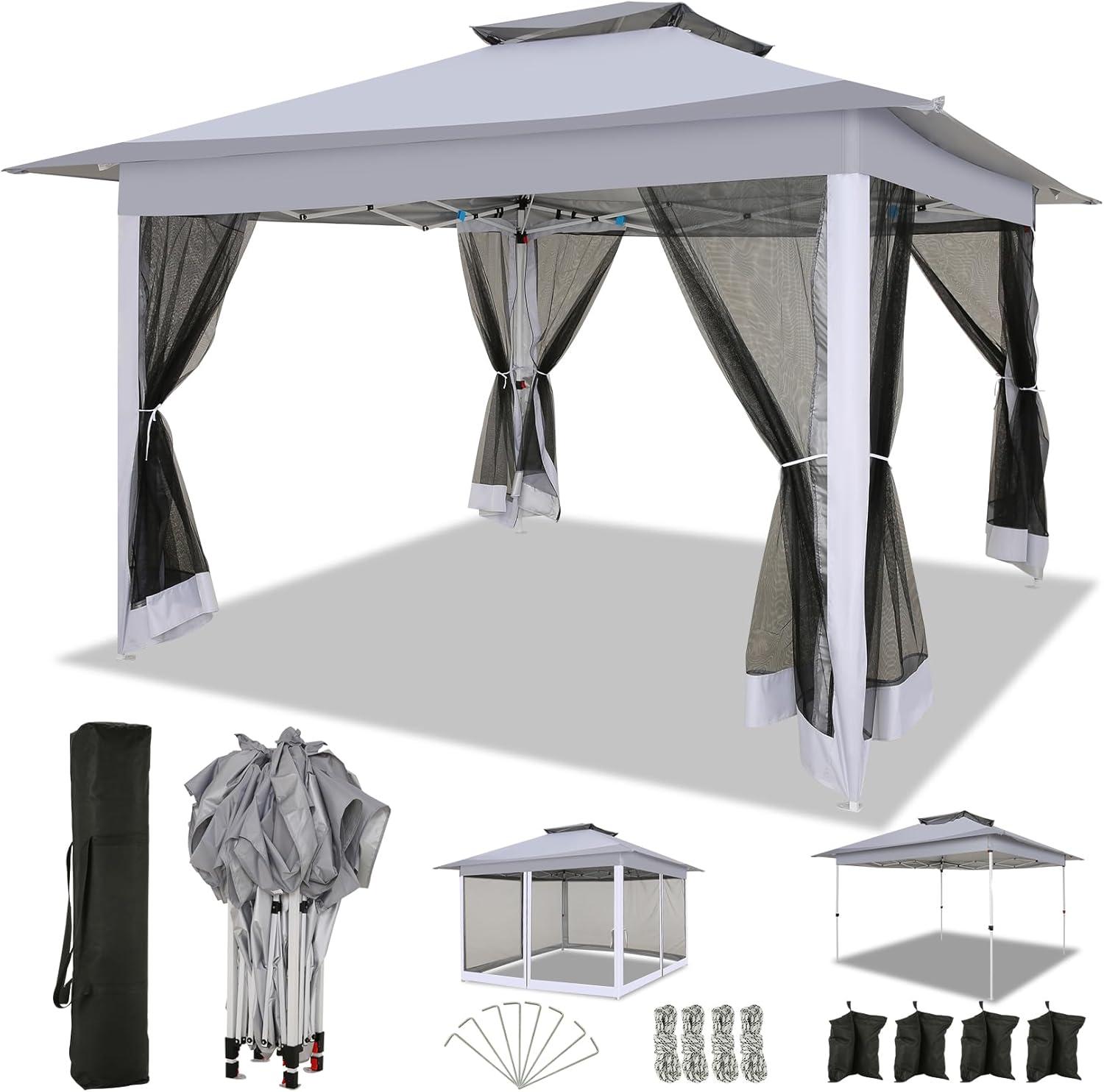 COBIZI 12'x12' Pop-up Gazebo Patio Gazebo Outdoor Gazebo Canopy with Mosquito Netting Patio Tent Backyard Canopy with 2-Tiered Vented Top 3 Adjustable Height and 144 Square ft of Shade, Gray