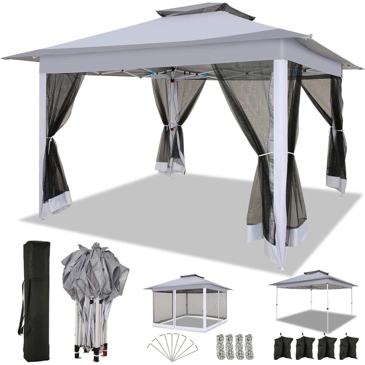 COBIZI 12'x12' Pop-up Gazebo Patio Gazebo Outdoor Gazebo Canopy with Mosquito Netting Patio Tent Backyard Canopy with 2-Tiered Vented Top 3 Adjustable Height and 144 Square ft of Shade, Gray