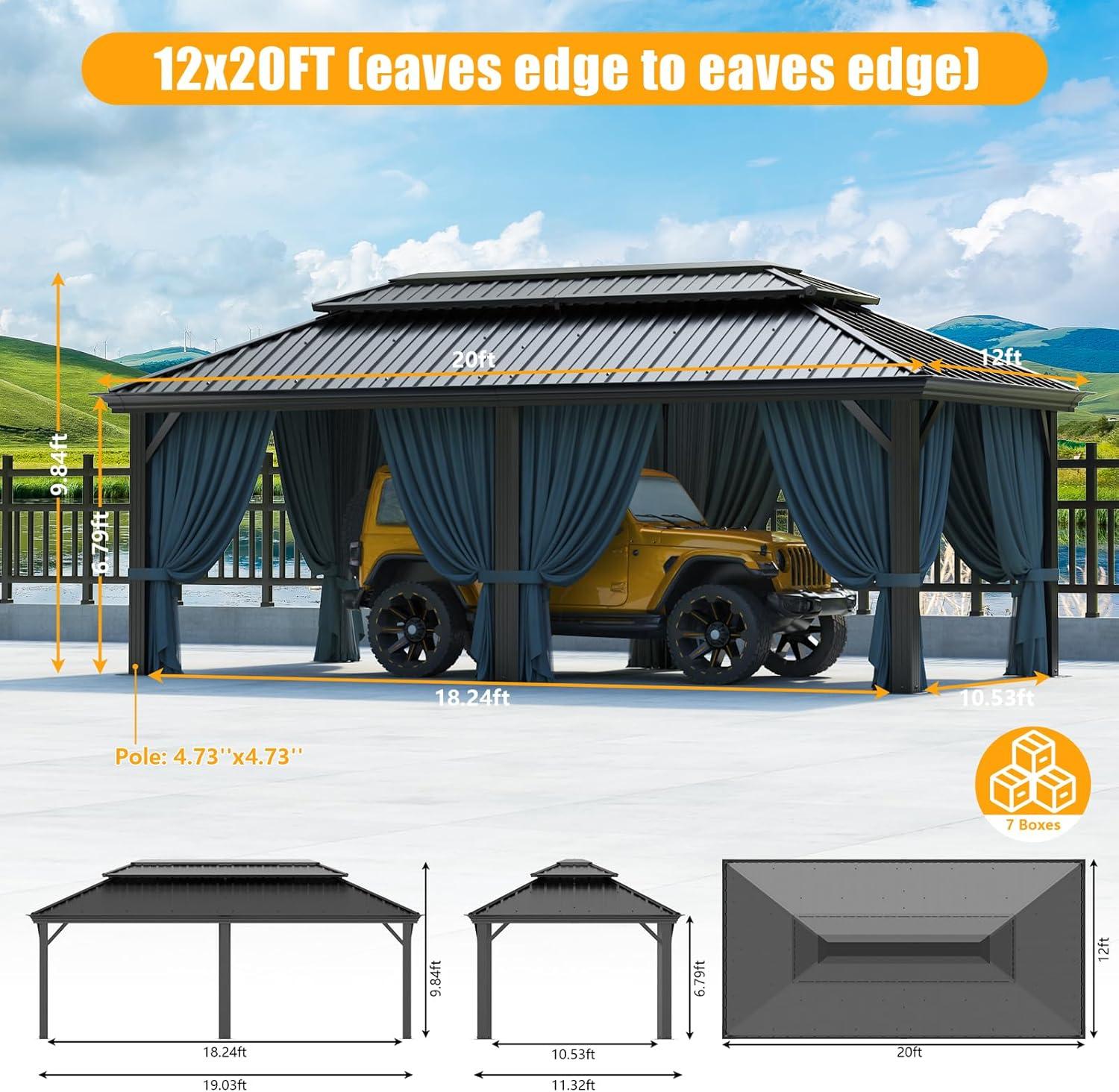 COBIZI 12x20 Hardtop Gazebo Aluminum Metal Gazebos Galvanized Steel Double Roof Permanent Hardtop Gazebo with Netting and Curtains Aluminum Frame Steel Gazebos for Deck, Lawns and Backyard, Black