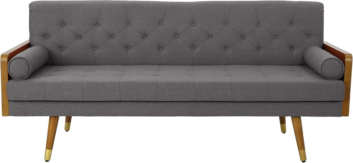 GDFStudio Aidan Mid Century Modern 72.25" Tufted Upholstered 3 Seater Sofa,Gray/Dark Walnut/Gold