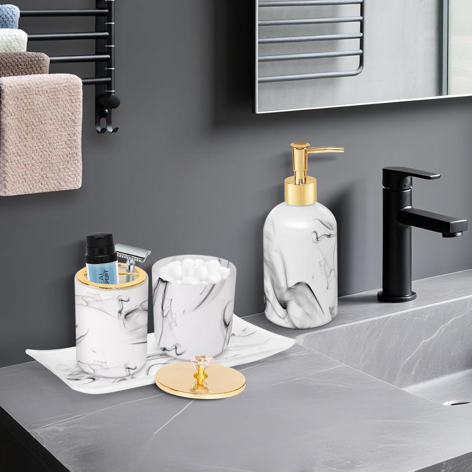 Haturi Bathroom Accessories Set, 4 Pcs Marble Look Sets Soap Dispenser & Toothbrush Holder Counter Top Restroom Apartment Decor Stuff, Glass Kits, Gift for Women and Men, Ink White