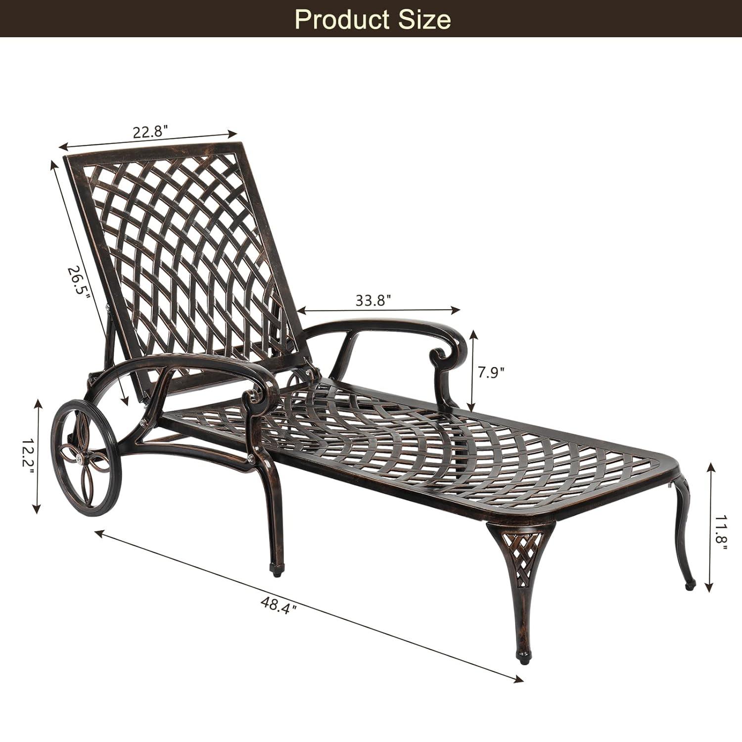 VINGLI Cast Aluminum Outdoor Chaise Lounge Chair with Wheels, Patio Chaise Lounge with 3-Position Adjustable Backrest, Outdoor Tanning Chair Patio Lounge Chair (Bronze, Without Cushion)