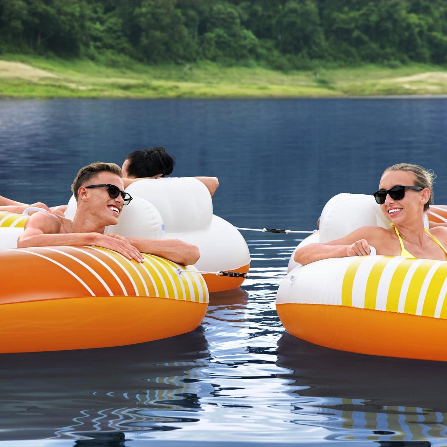 Bestway 43399E Hydro-Force Sunkissed Pool, Lake, River, Beach Inflatable PVC Clasp N Go Inner Tube Ring Float with Cup Holder, Orange and Yellow