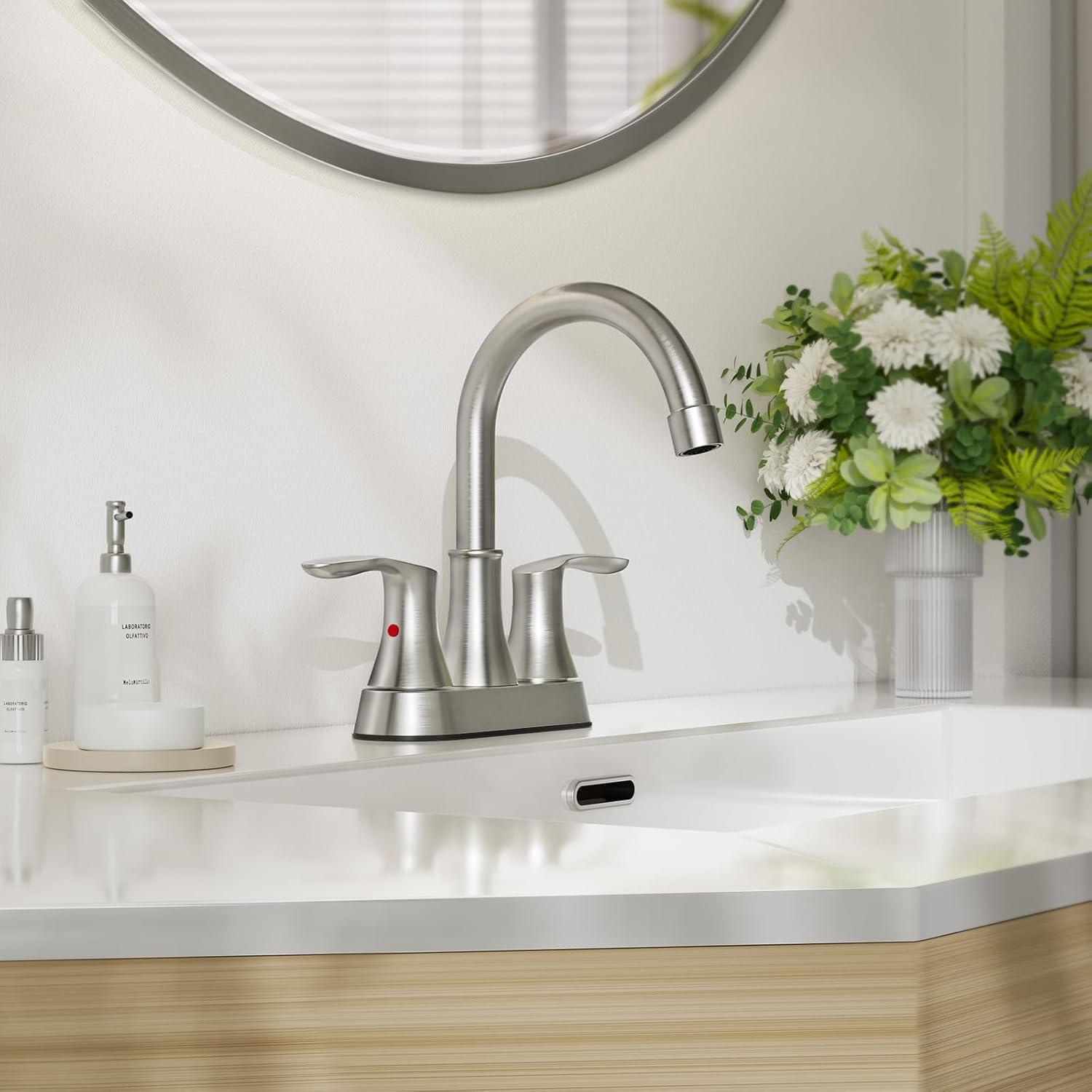 Phiestina 4 Inch 2 or 3 Hole Brushed Nickel Bathroom Sink Faucet RV Swivel 2 Handle Centerset Bath Vanity Faucet, with Water Supply line & Metal Pop-up Drain,TY36-BN