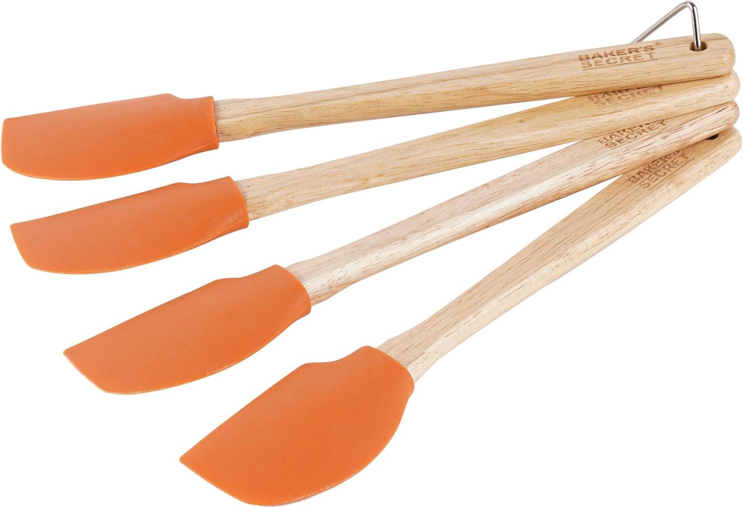 Baker's Secret - 4pcs Silicone Spatula set 12", Wooden Handle with Hanger, Cake Decoration Pastry Preparation, Baking Utensils - Orange