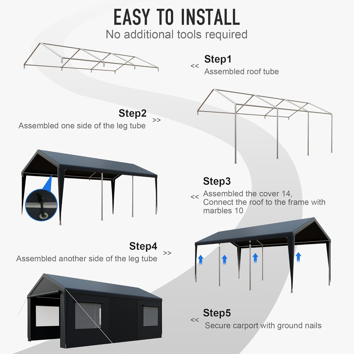 10x20ft Carport Portable Garage, Heavy Duty Carport Canopy with 2 Rolling Doors and 4 Ventilation Windows for Cars, Trucks, Boats, Garden Tools