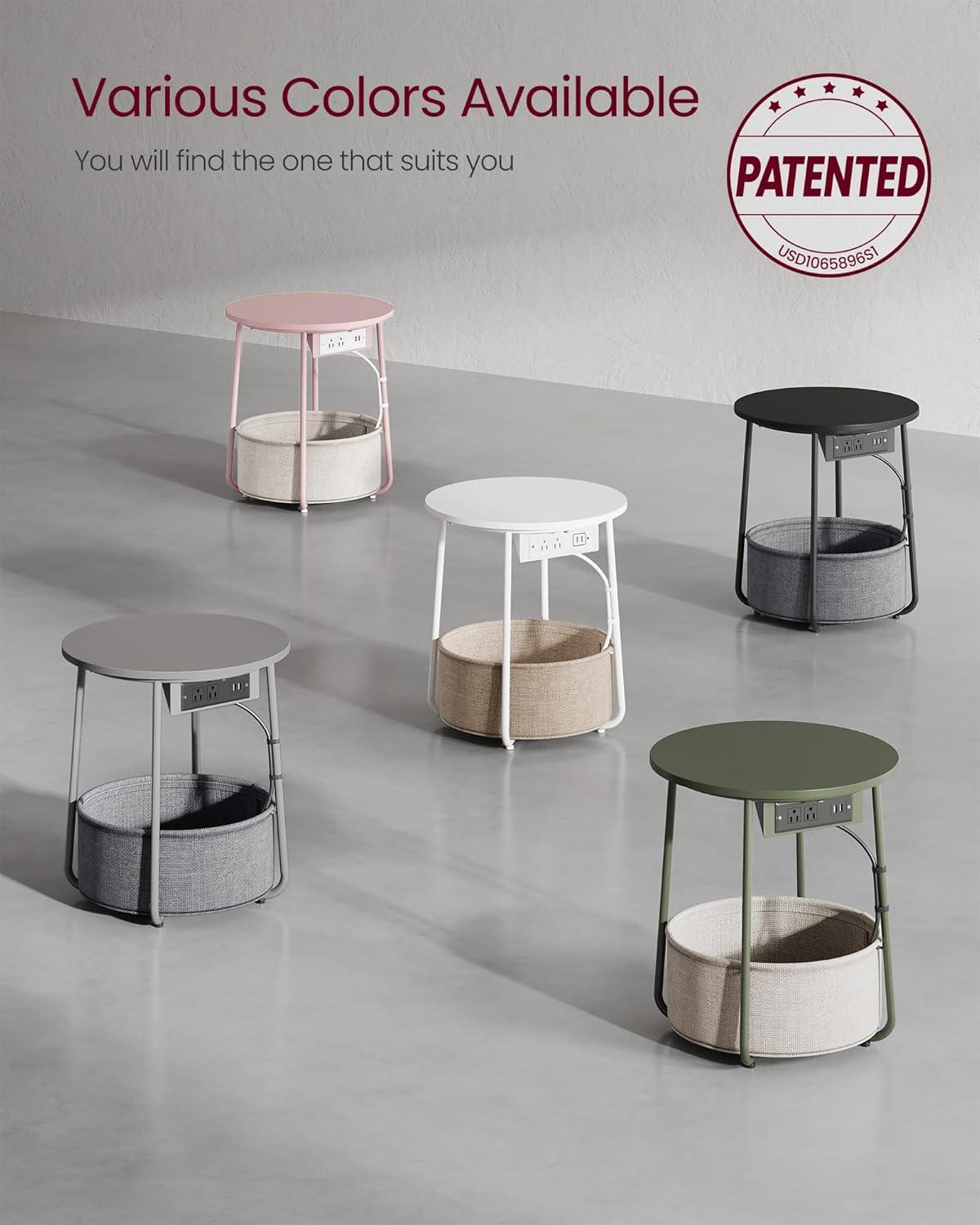 Ebony Black and Slate Gray Round Metal Side Table with Charging Station