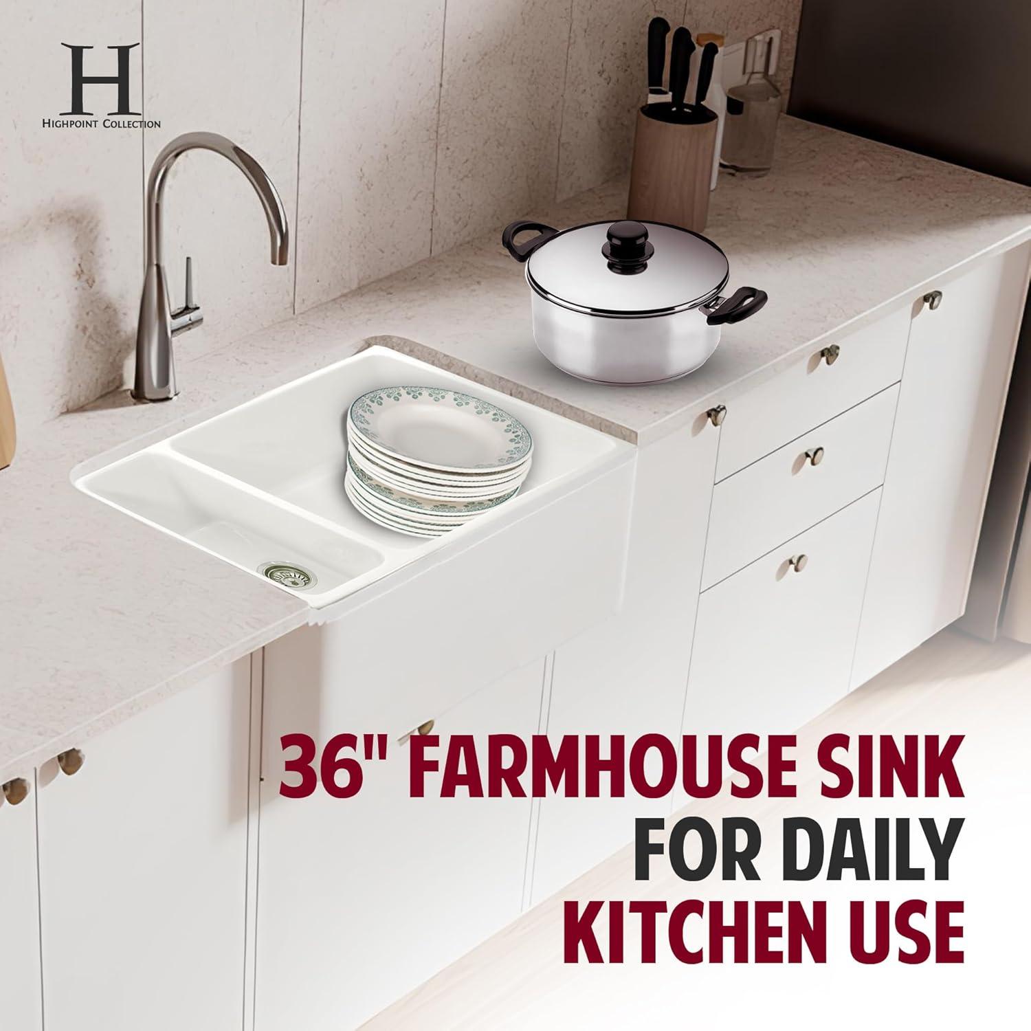 White Farmhouse Sink – 36" Farm Kitchen Sink with Apron, Fireclay, Made in Italy – Double Bowl, Sturdy, Reversible, Undermount, Scratch Resistant, Easy to Clean HP-FC9010-W