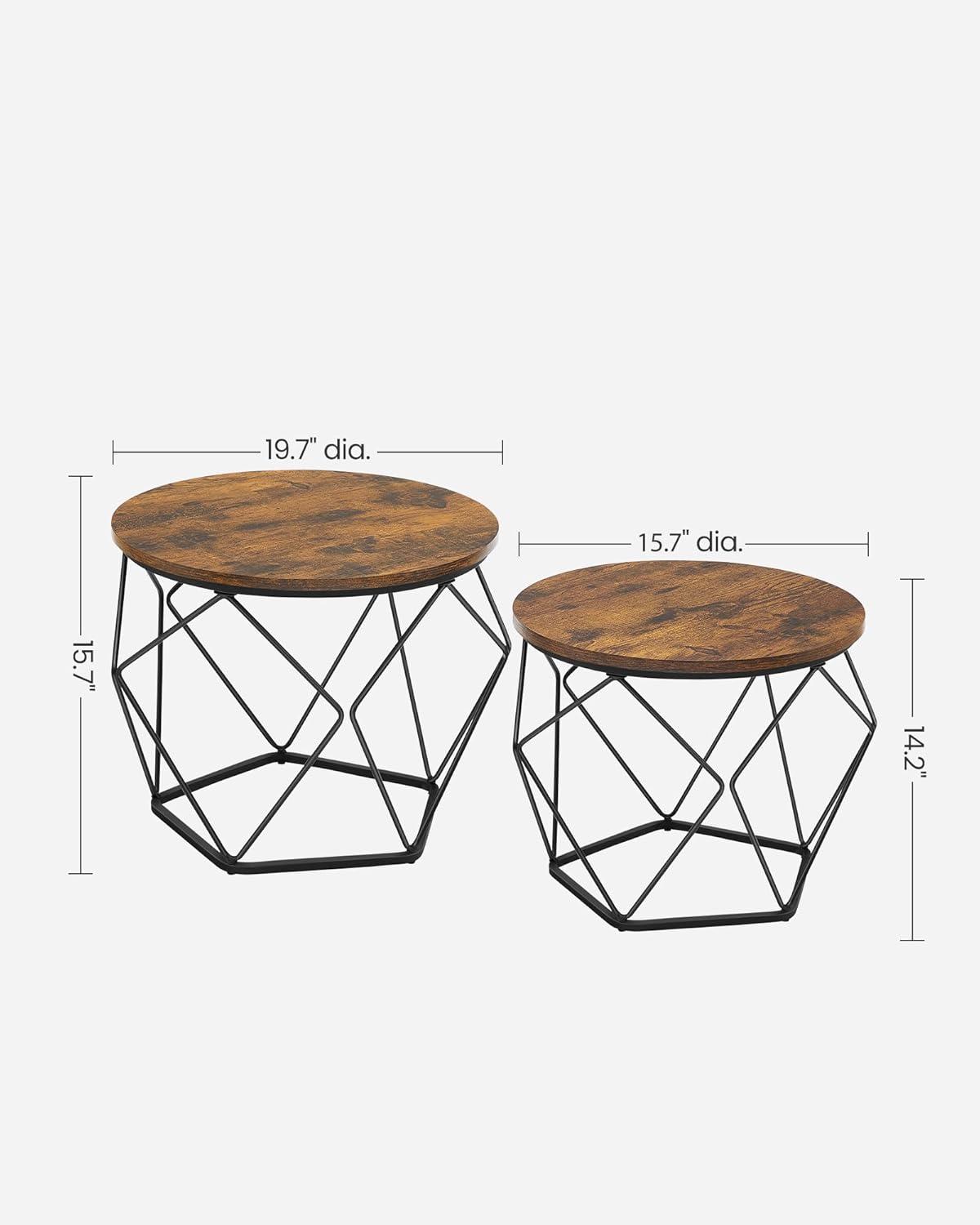 VASAGLE Round Coffee Table Set of 2 Living Room Tables Side End Table with Steel Frame for Bedroom Rustic Brown and Black