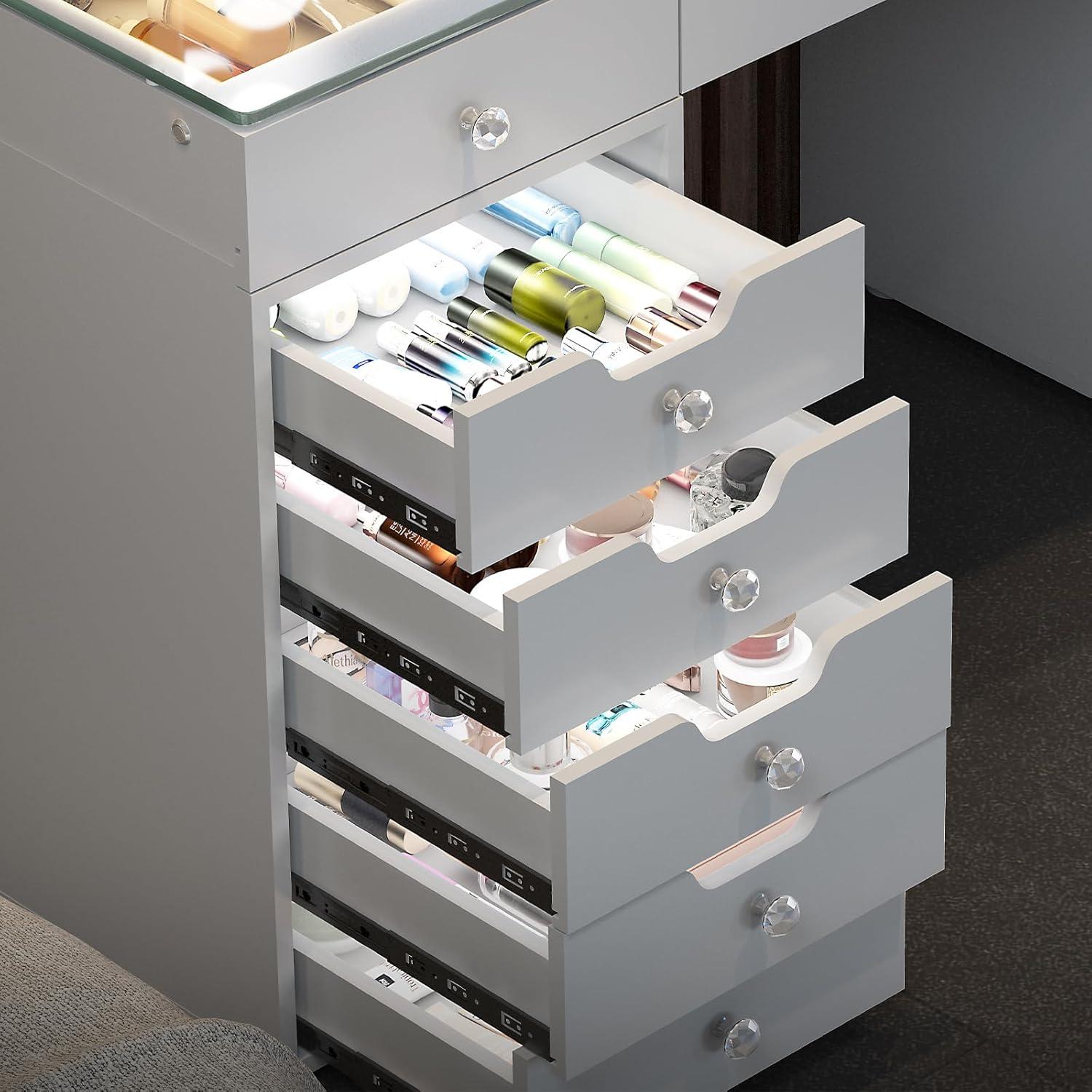 White 60" Vanity Desk with 13 Drawers and LED Lighting