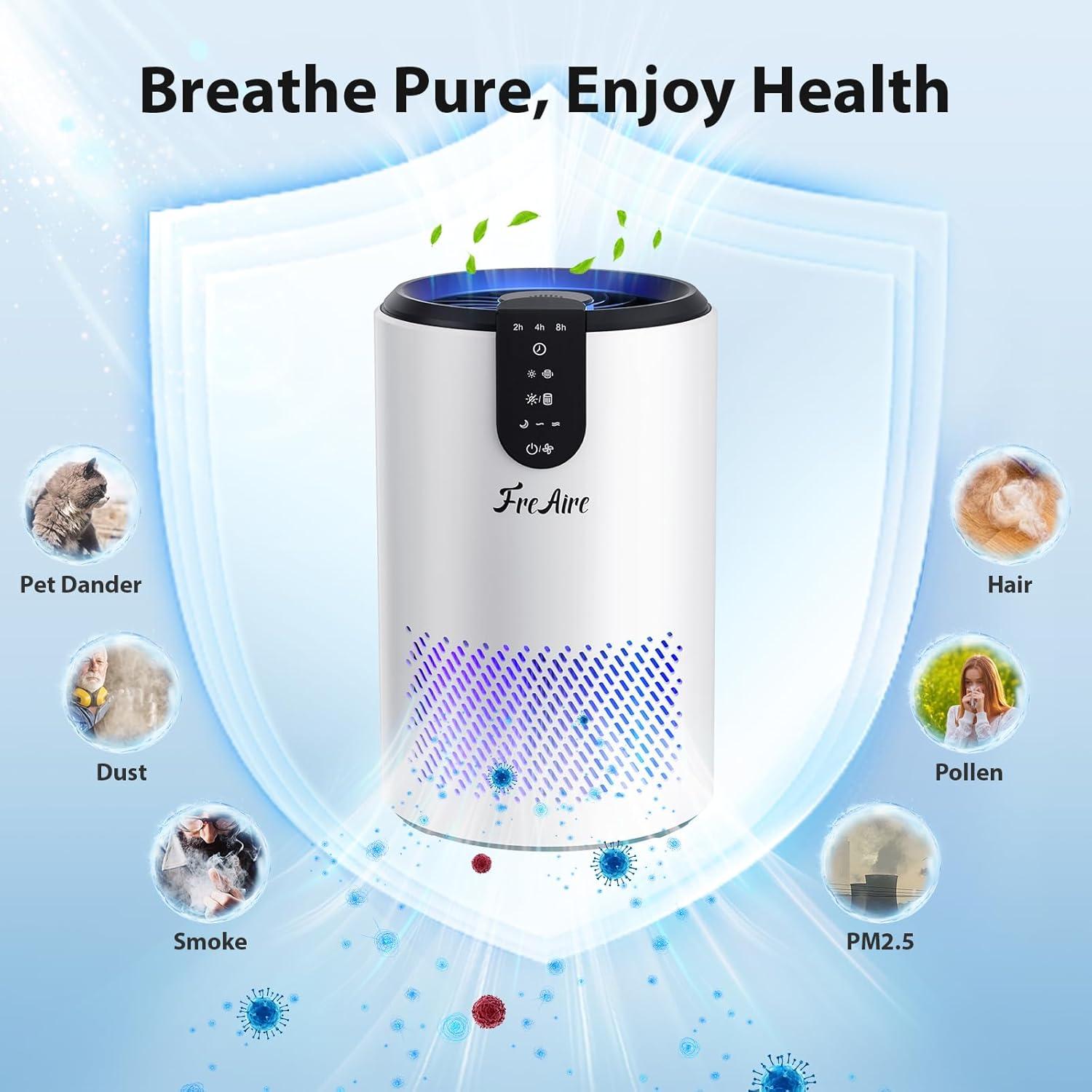 FreAire Air Purifiers for Home, Air Purifier for Bedroom Up to 538 Ft²/h, Room air purifier with 3-in-1 Filter for Dust Dander Odors Smoke, Small Air Purifier with Timer, Sleep Mode for Office Bedroom