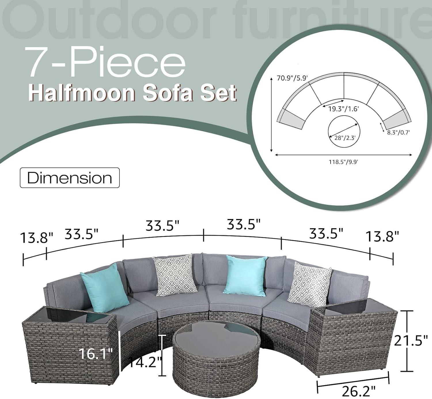 Grey Wicker 7-Piece Half-Moon Outdoor Sofa Set with Coffee Table