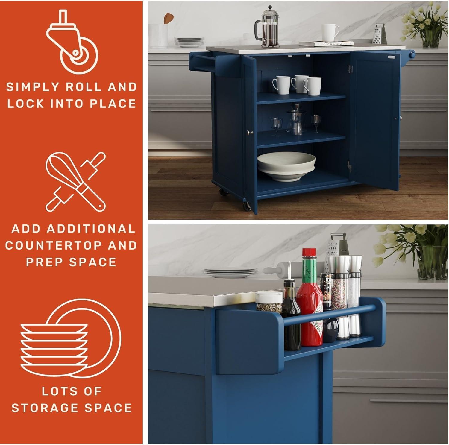 Homestyles Dolly Madison Traditional Engineered Wood Kitchen Cart in Blue/Nickel