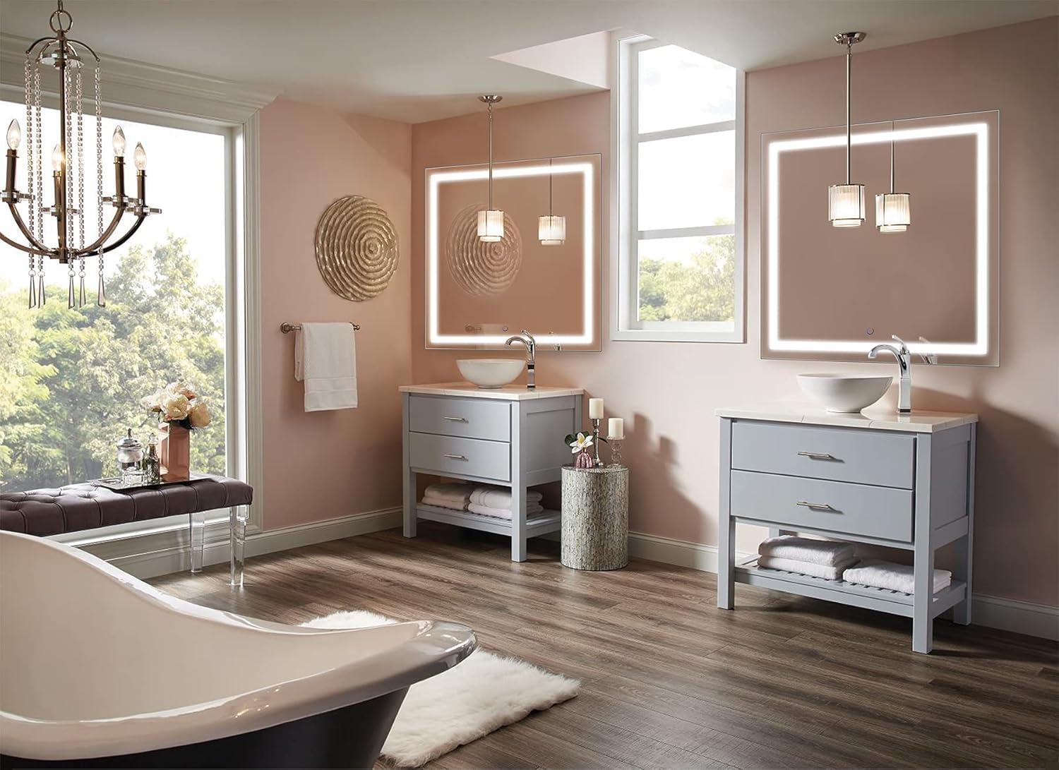 Krugg Icon Square LED Bathroom Mirror with Dimmer and Defogger - 3 Sizes