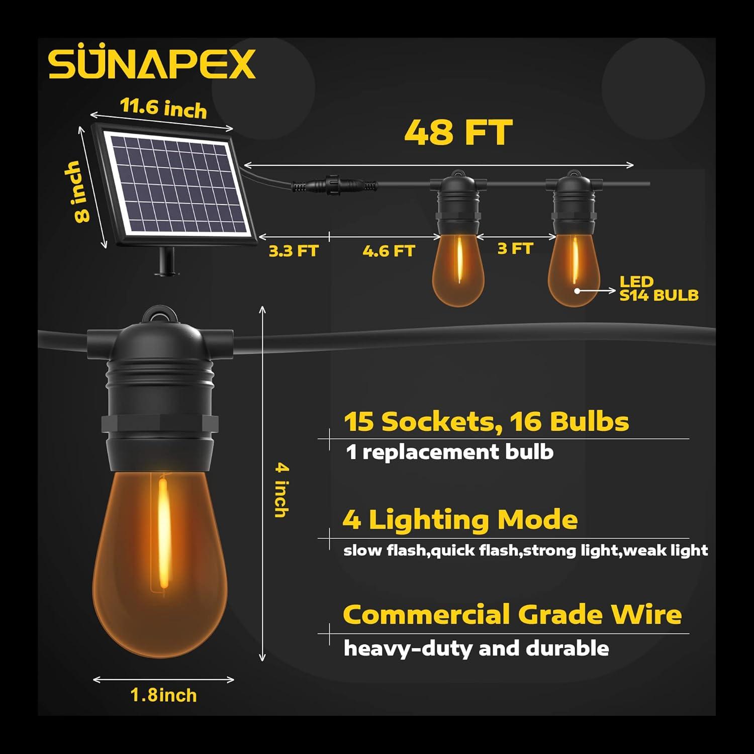 SUNAPEX Solar String Lights Outdoor Waterproof, 48FT Solar Patio Lights with Shatterproof Edison Bulbs,Outdoor String Lights Solar