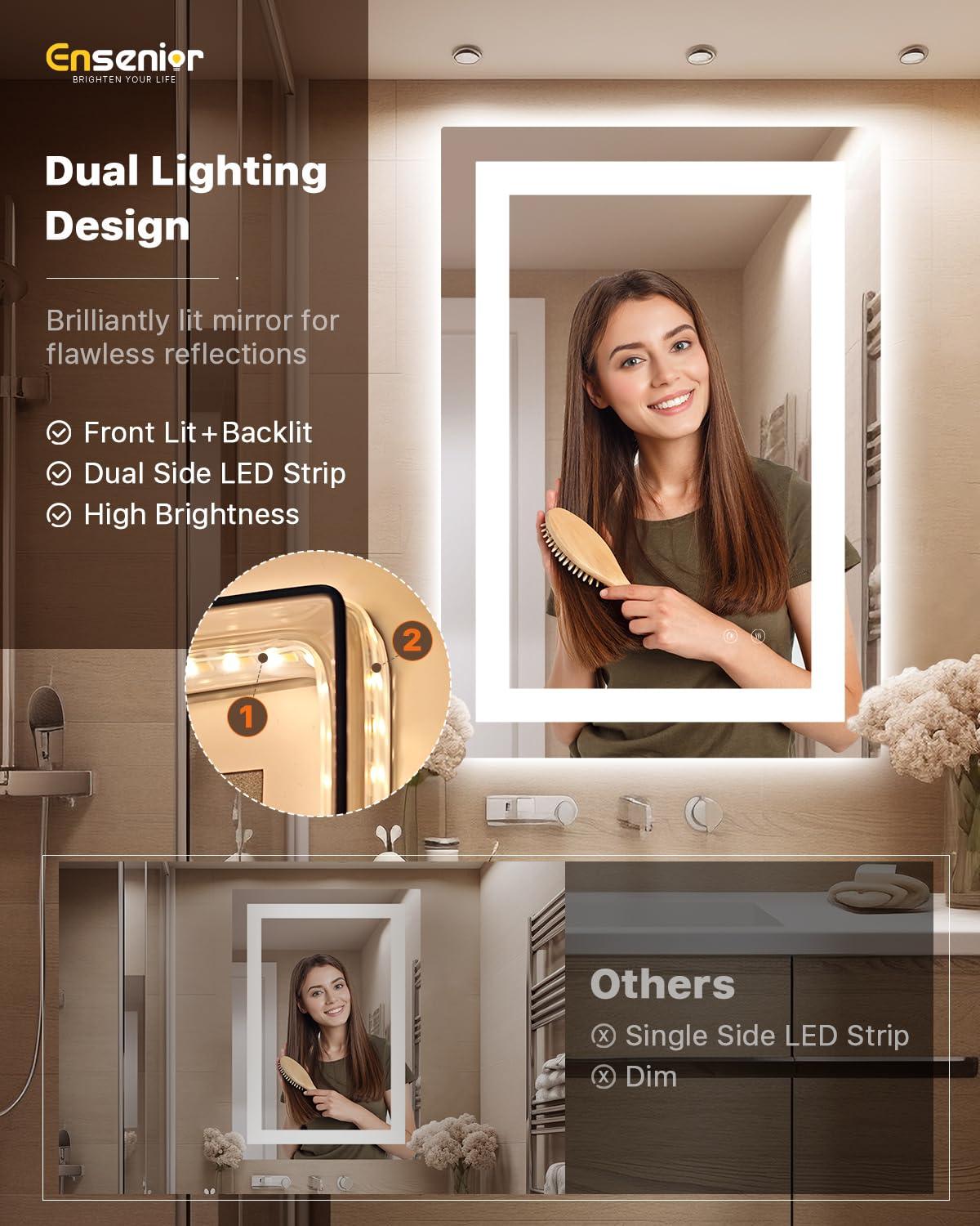 Amorho LED Mirror for Bathroom, 24"X32" with Front and Backlight, Stepless Dimmable Wall Mirrors with Anti-Fog, Shatter-Proof, Memory, 3 Colors, Double LED Vanity Mirror(Horizontal/Vertical)