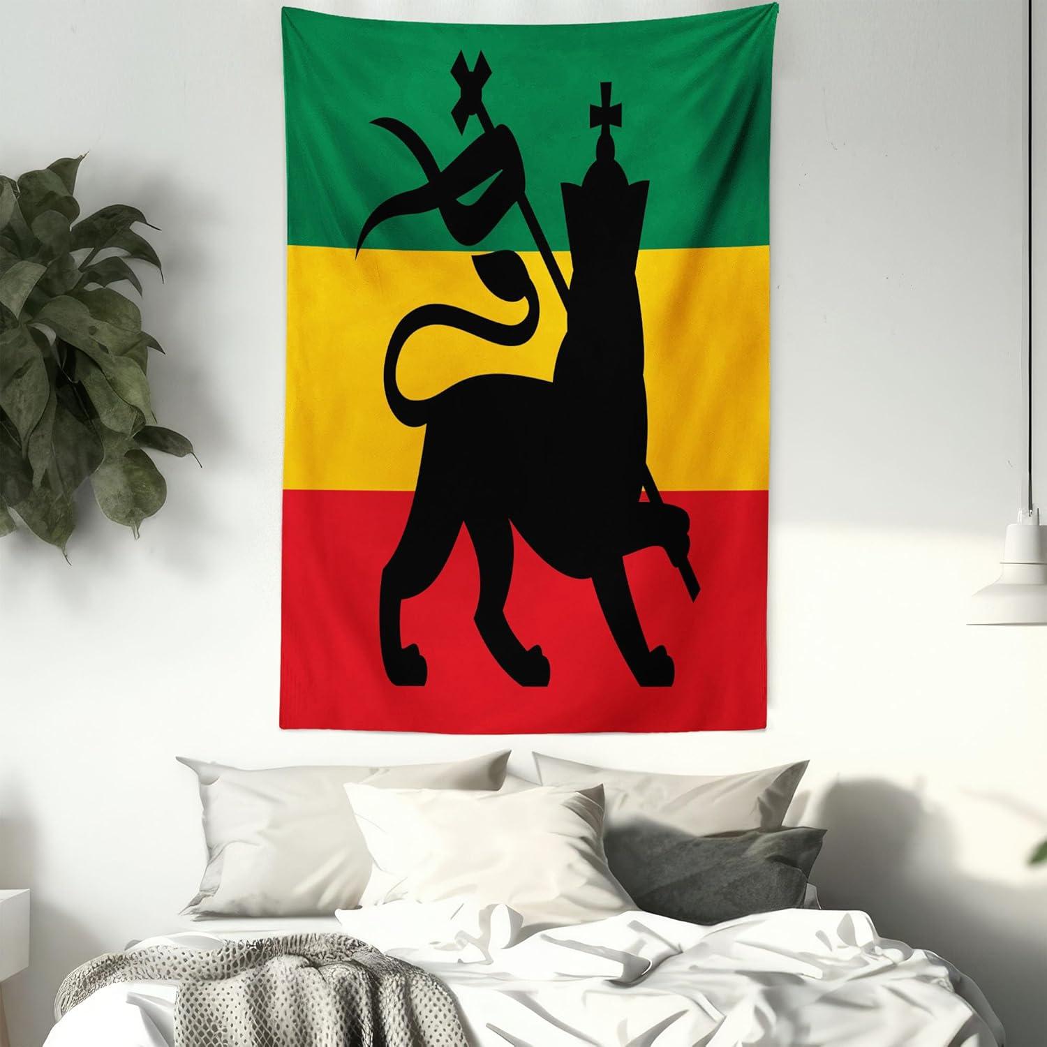 Rasta Tapestry, Rastafarian Flag with Judah Lion Reggae Music Inspired Design Image, Wall Hanging for Bedroom Living Room Dorm Decor, 60W X 80L Inches, Black Red Green and Yellow, by Ambesonne