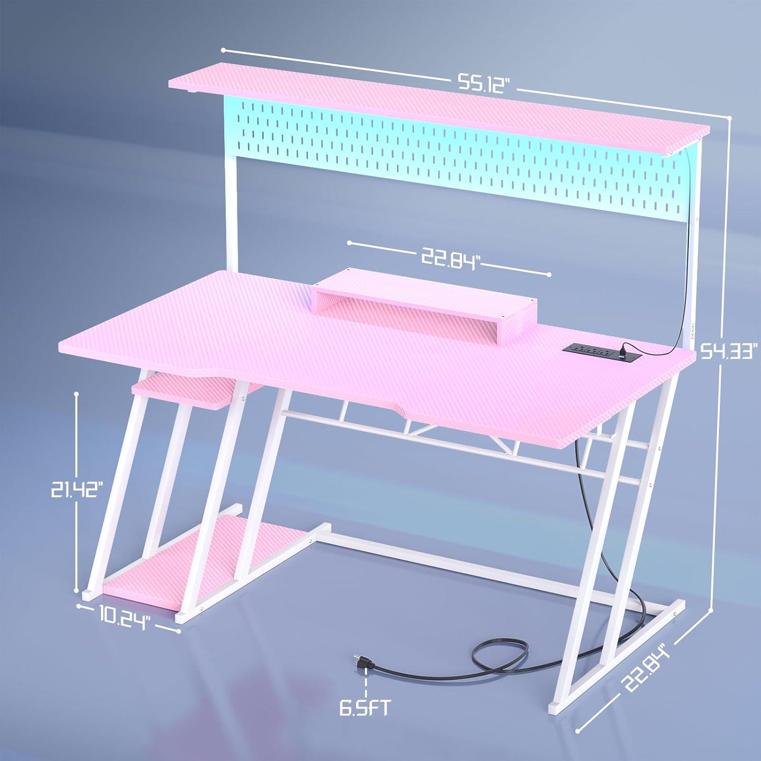 Pink 55'' Gaming Desk with Hutch and LED Lights