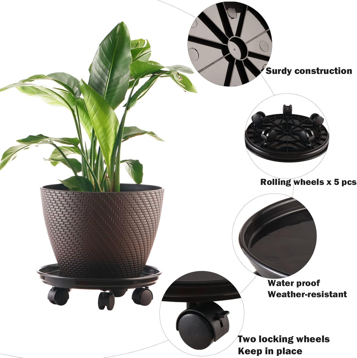 Black Extra-Large Plastic Plant Caddy with Wheels, Set of 5