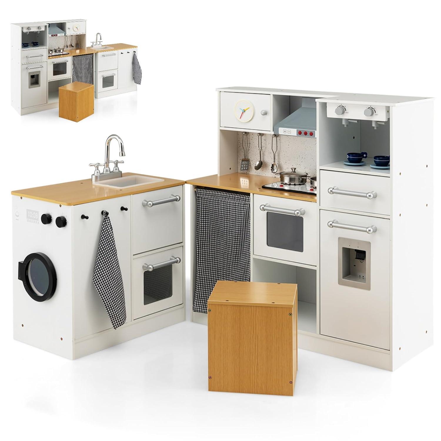 HONEY JOY Kids Kitchen Playset, 2-Piece Modular Wooden Corner Toy Kitchen Set/Washing Machine & Sink, Coffee Maker, Range Hood & Stove, Stool, Little Chef Pretend Play Kitchen for Toddlers, Natural