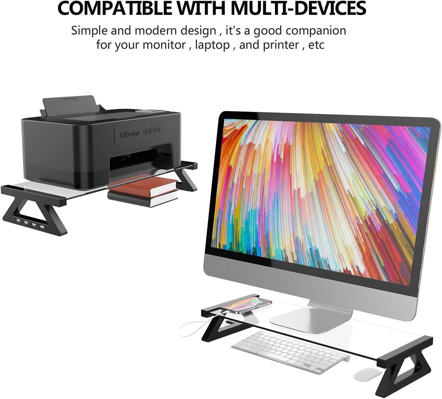 Yivandi Computer Monitor Stand with USB Ports, Clear Tempered Glass Monitor Riser, 3-in-1 USB Docking Laptop Riser for Desktop PC/iMac/MacBook/Printer