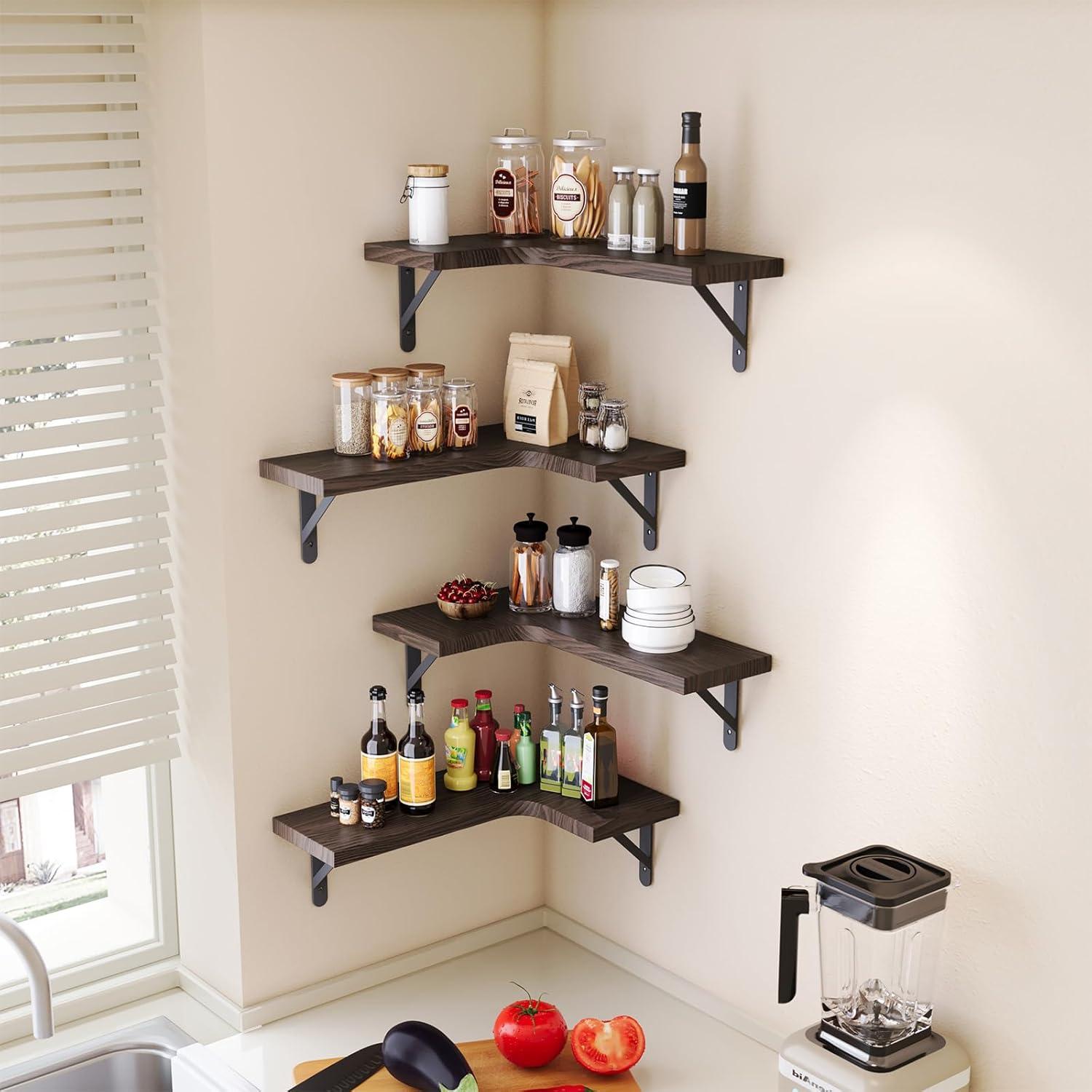 Corner Floating Shelves, Set of 4 Corner Wall Shelves, Shelves for Wall Decor, Corner Wood Shelves for Home Decor, Office, Bedroom, Bathroom, Laundry Room, Kitchen, Black