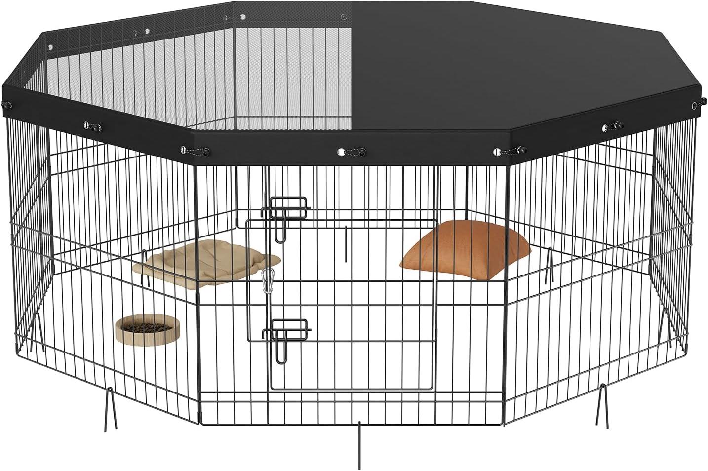 VEVOR Dog Playpen, 8 Panels Foldable Metal Dog Exercise Pen 24" H Pet Fence Puppy Crate Kennel with Ground Stakes Top Cover