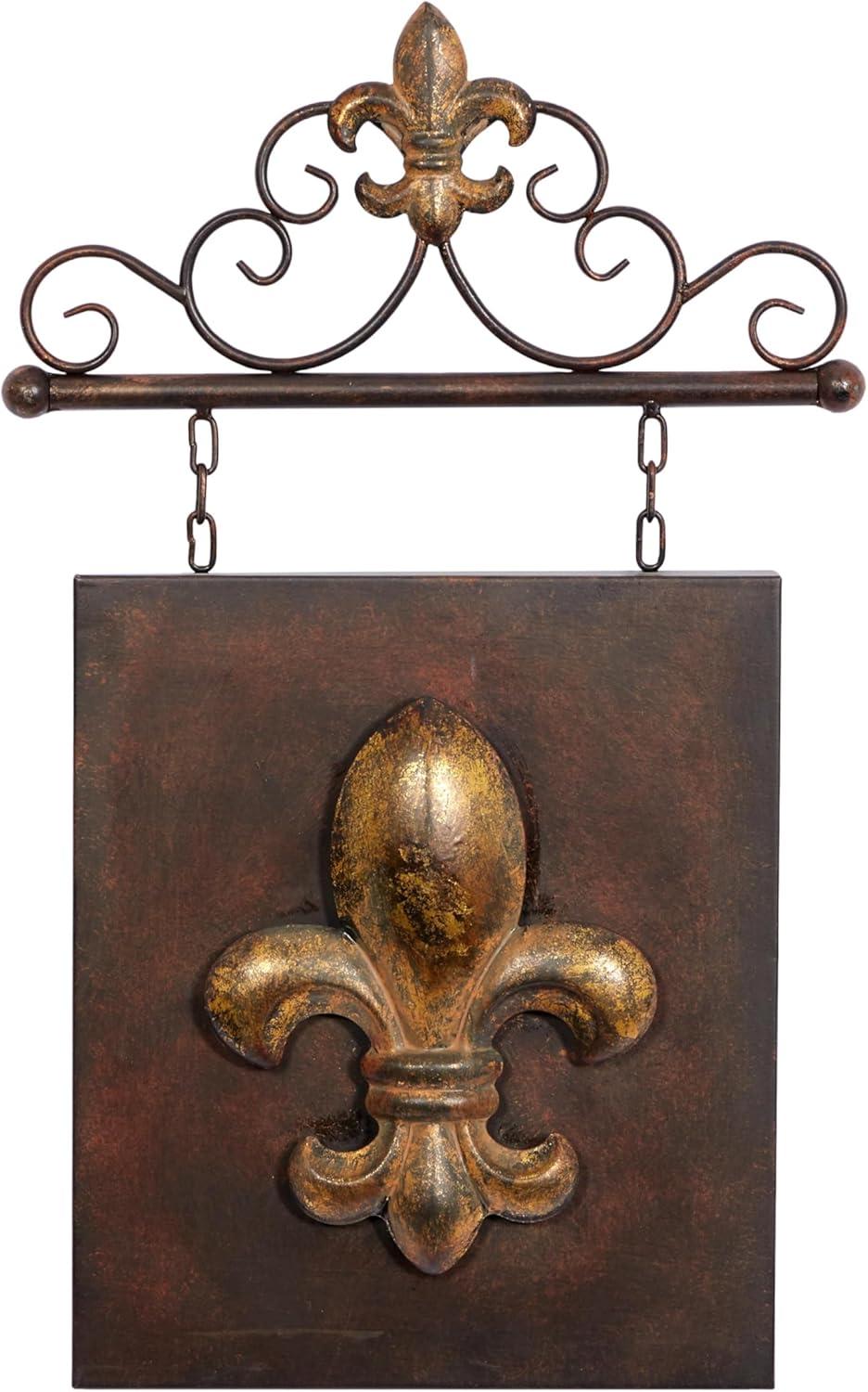 DecMode Bronze Metal Suspended Fleur De Lis Wall Decor with Scrollwork Hanger