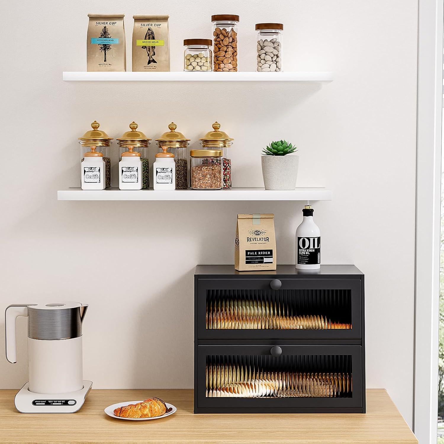 Black Bamboo Double-Layer Bread Box with Acrylic Windows