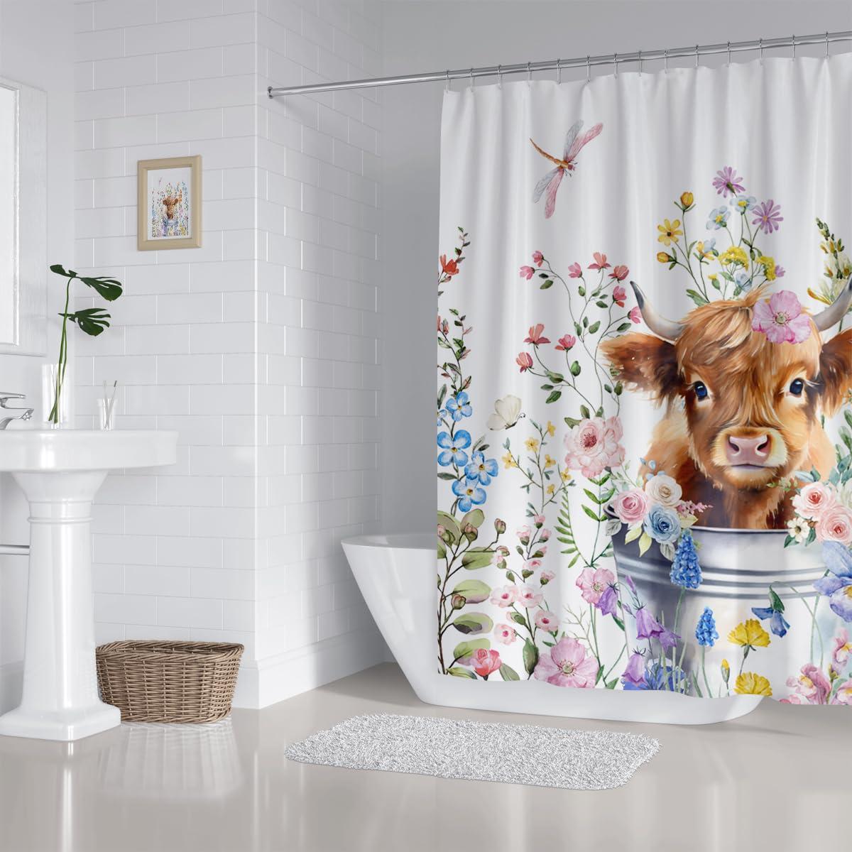 Cute Highland Cow Shower Curtain Watercolor Floral Spring Wildflower Funny Western Cattle Farm Animal Home Bathroom Decor Waterproof Fabric 72Lx72W Inch with 12PCS Hooks