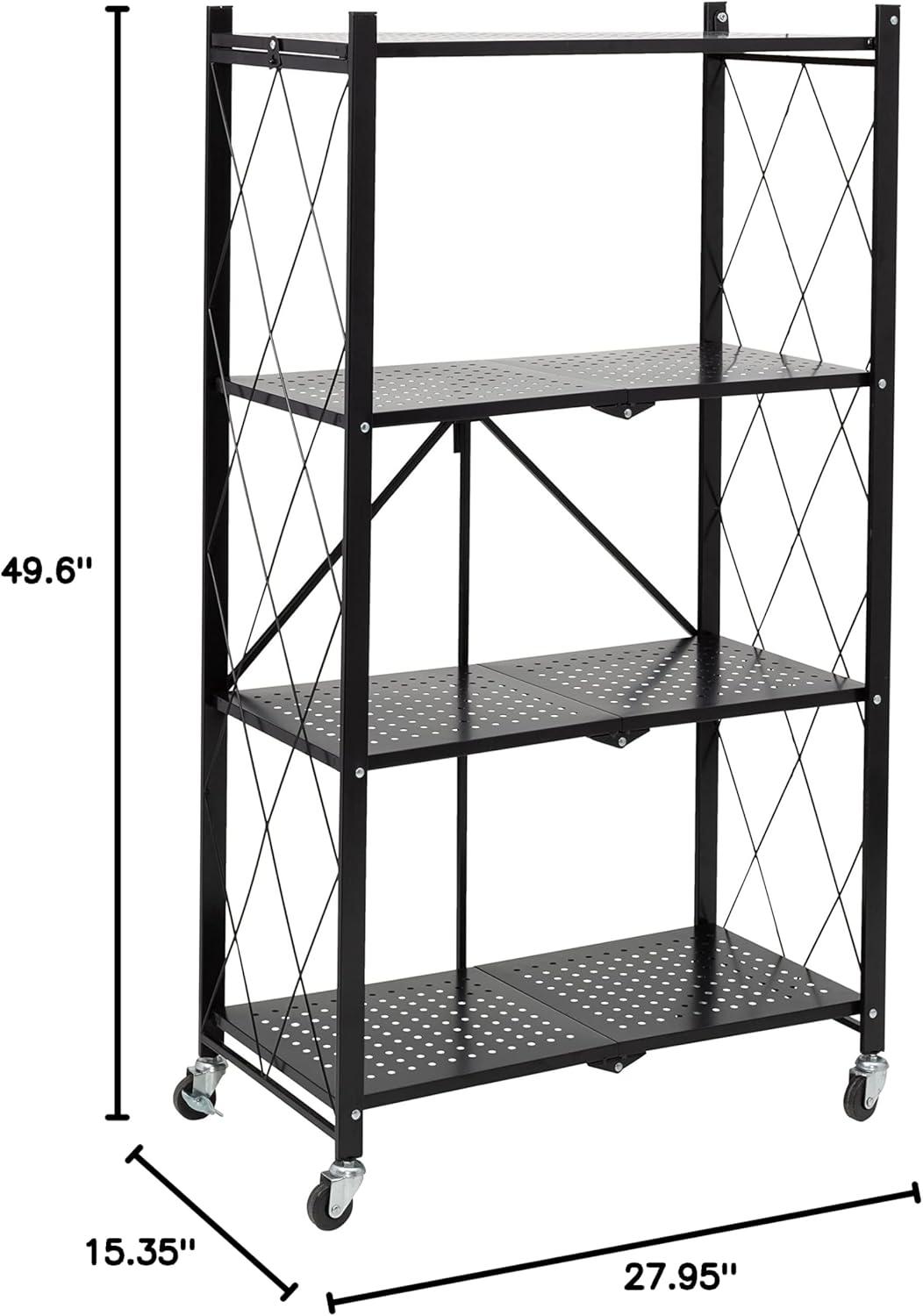 Black Metal 4-Tier Foldable Shelf Rack with Wheels