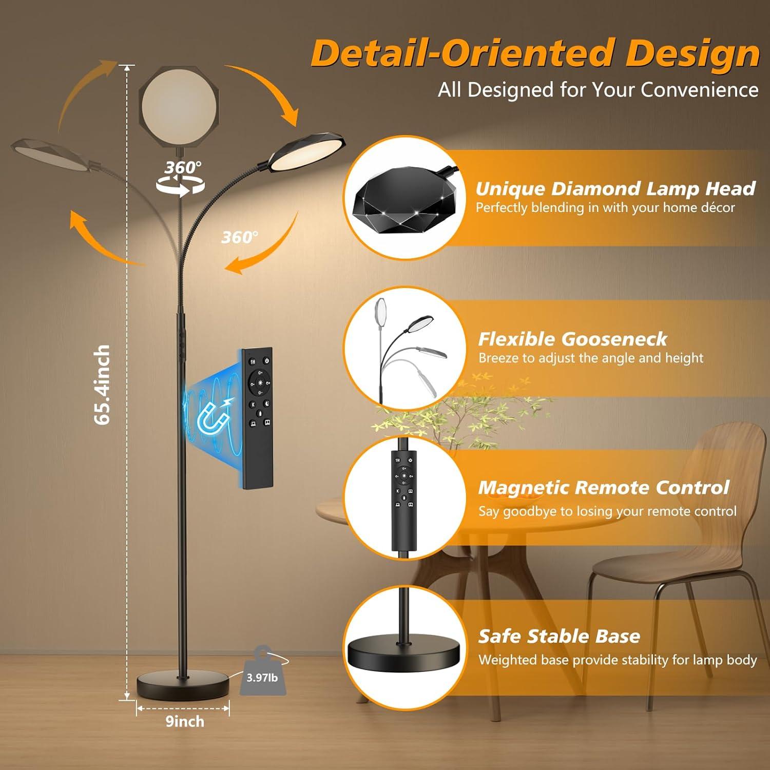 Floor Lamp, 18W Bright LED Floor Lamps for Living Room with Diamond-Surface, Stepless Adjustable Colors & Dimmer Standing Lamp with Timer, Remote & Touch Control, Reading Lights for Bedroom, Office