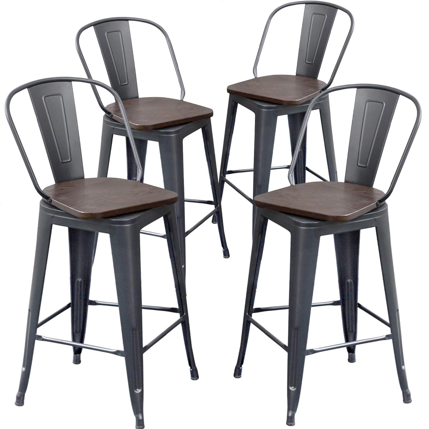 Set of 4 Black Metal and Wood Counter Height Bar Stools